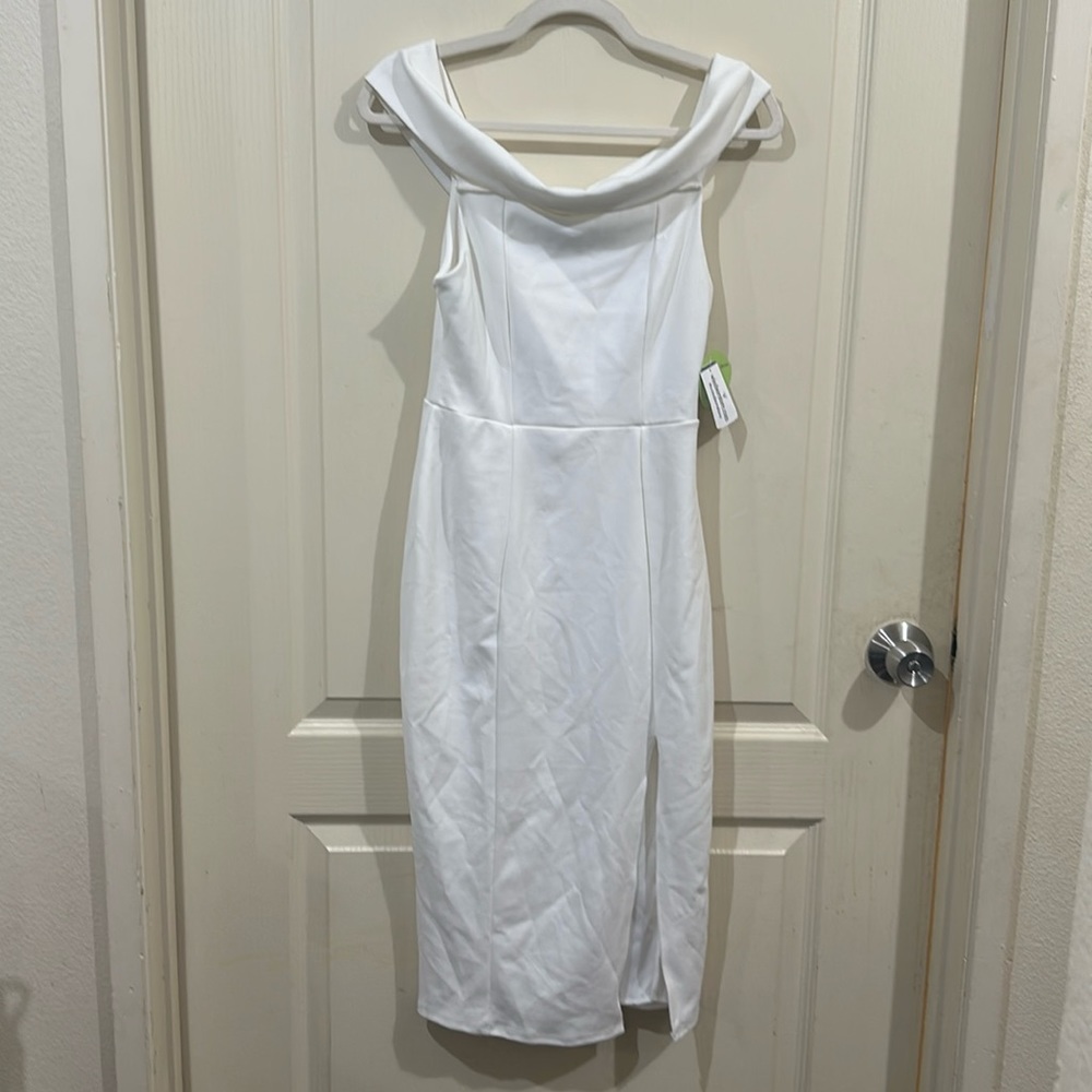 Windsor white off-the-shoulder slit dress.